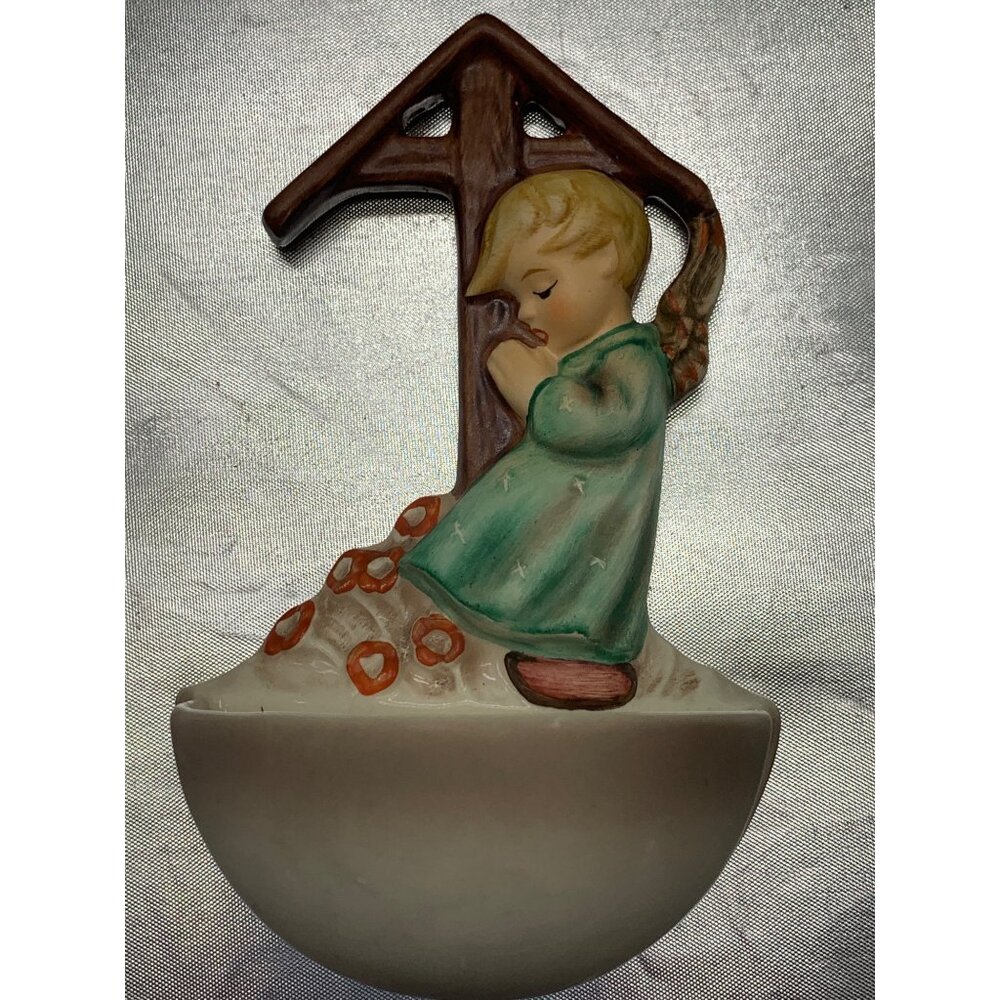 Vintage Ceramic Holy Water Font With Praying Angel & Cross Design